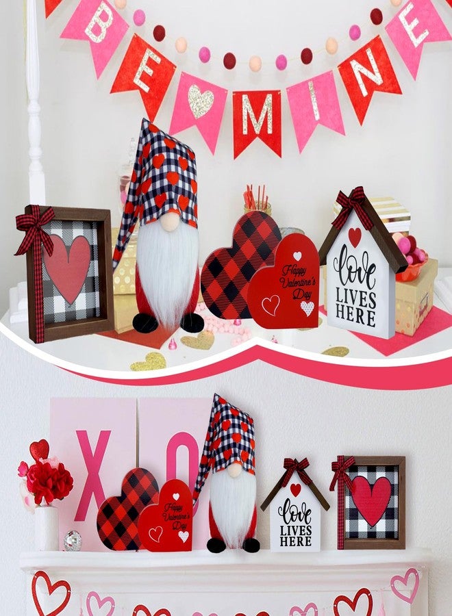 CRCZK Valentine's Day Tiered Tray Decor 5 Pcs Set with 1 Black and White Buffalo Check Gnome Plush 4 Wooden Signs Farmhouse Kitchen Decor for Red Valentine's Day and New Year's Day Decoration - Image 3
